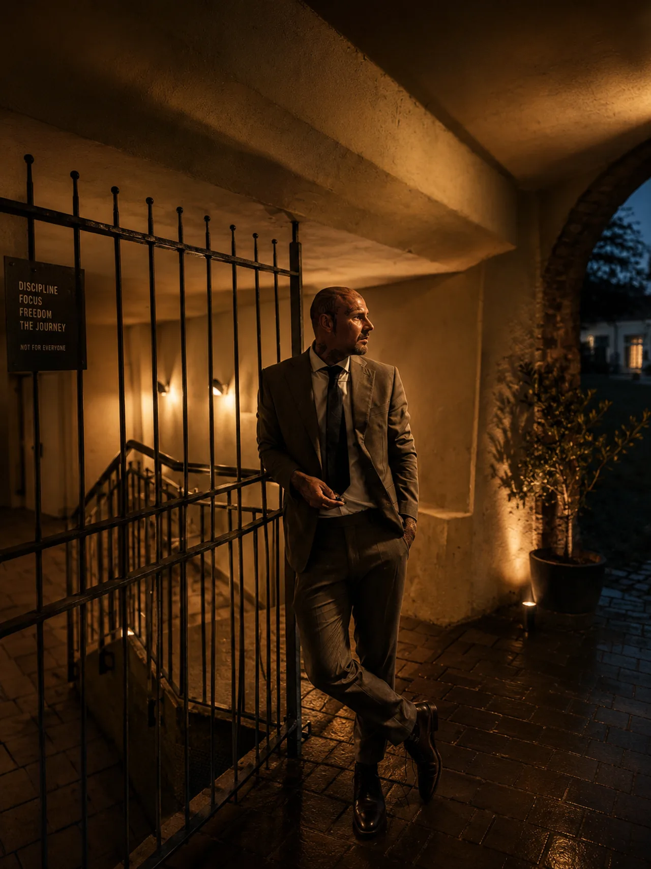 Tobias Falk im Anzug an einem warm beleuchteten Eingang